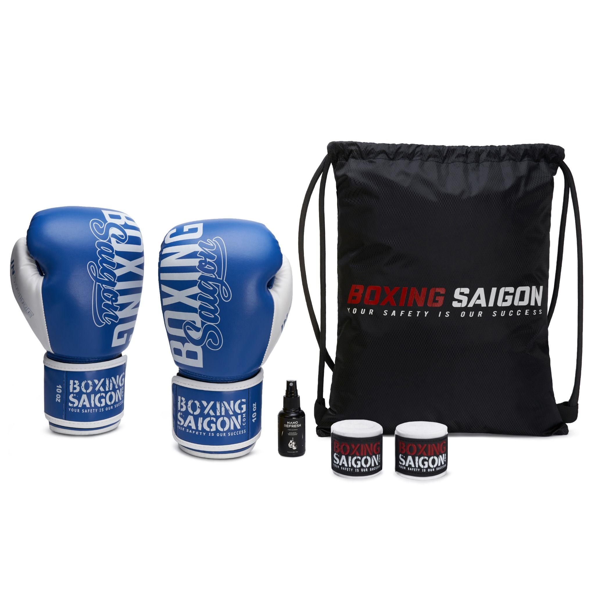 Combo Găng Tay Boxing Saigon + Băng Quấn Tay 4m5 + Túi Rút + Xịt khử mùi