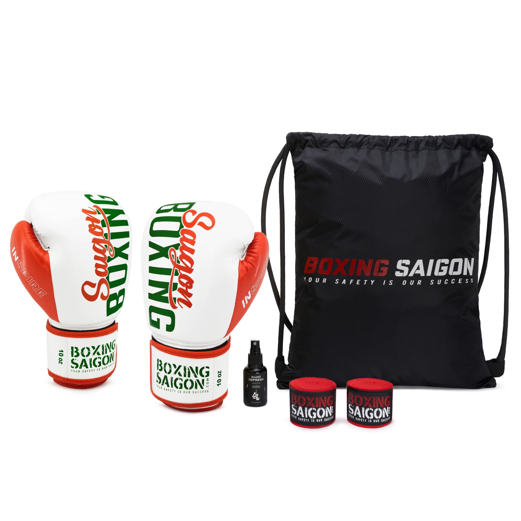 Combo Găng Tay Boxing Saigon + Băng Quấn Tay 4m5 + Túi Rút + Xịt khử mùi