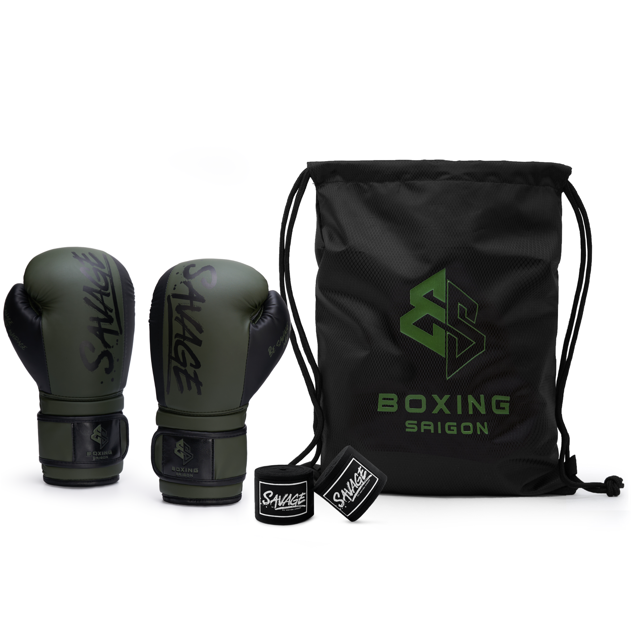 Combo Găng Tay Boxing Saigon Savage + Băng Tay Savage 5m - Olive/Black