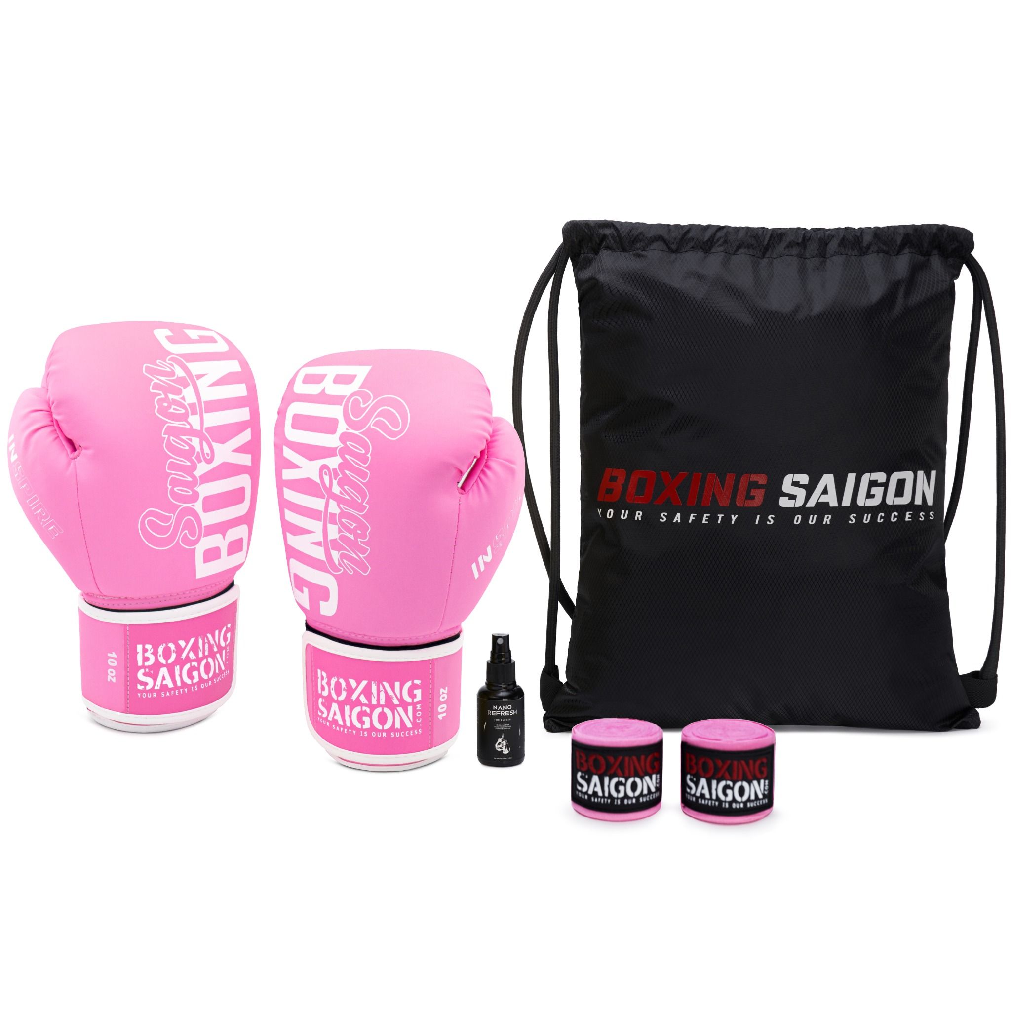 Combo Găng Tay Boxing Saigon + Băng Quấn Tay 4m5 + Túi Rút + Xịt khử mùi