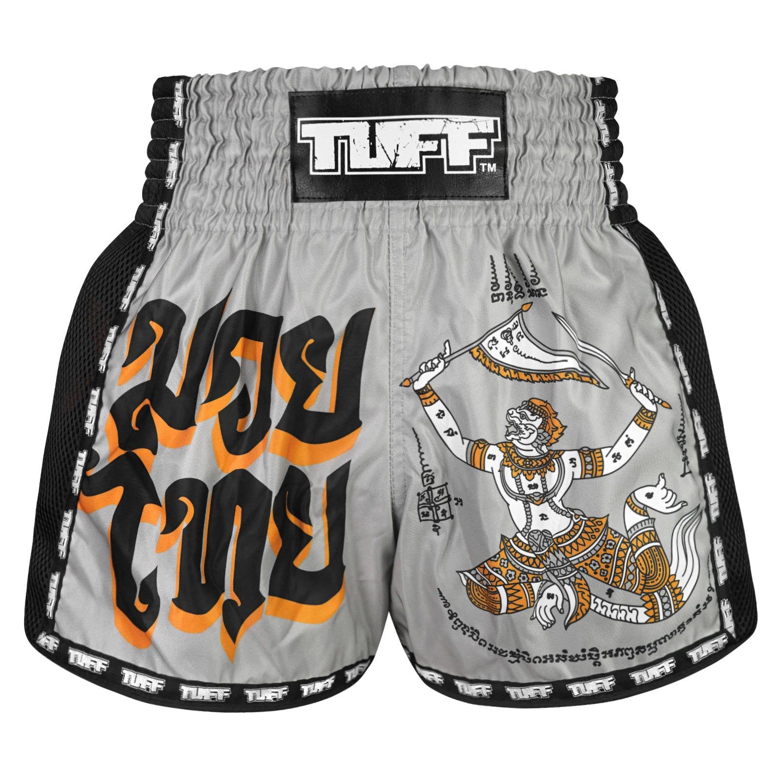 Quần TUFF Muay Thai Boxing Shorts New Retro Style Grey Hanuman Yantra with War Flag