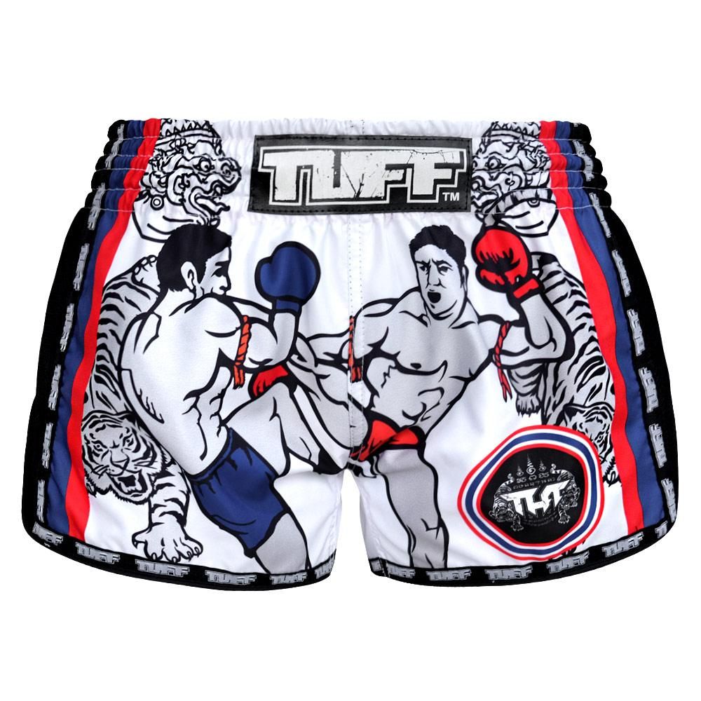 QUẦN TUFF MUAY THAI BOXING SHORTS WHITE RETRO STYLE DOUBLE TIGER WITH MUAY THAI FIGHTERS