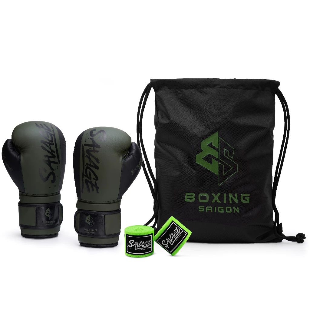 Combo Găng Tay Boxing Saigon Savage + Băng Tay Savage 5m - Olive/Black