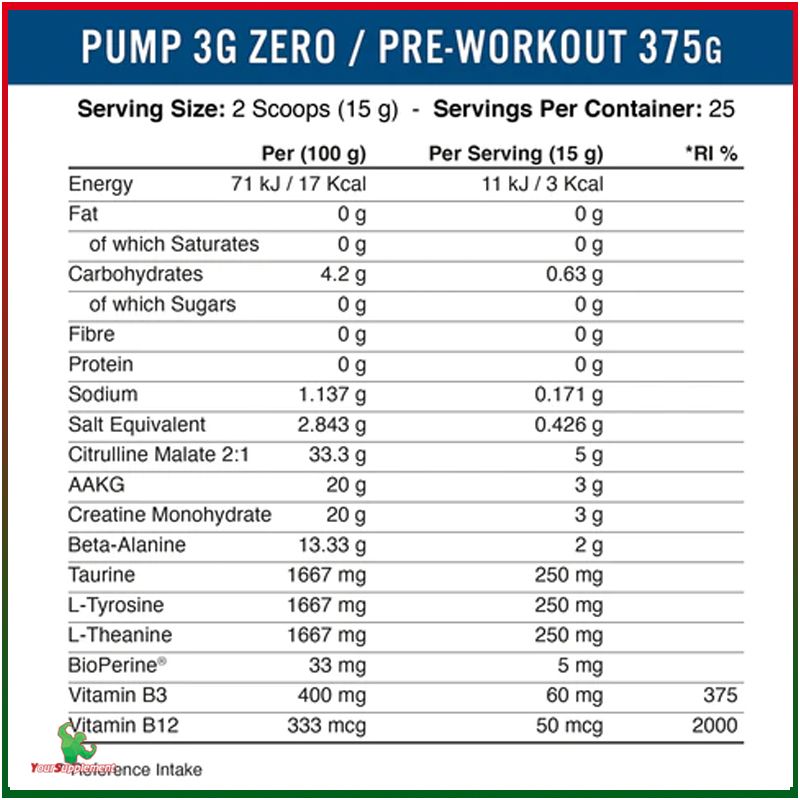 Tăng Sức Mạnh PUMP ZERO CAFFEINE Pre-Workout Applied Nutrition 375g (25 servings)