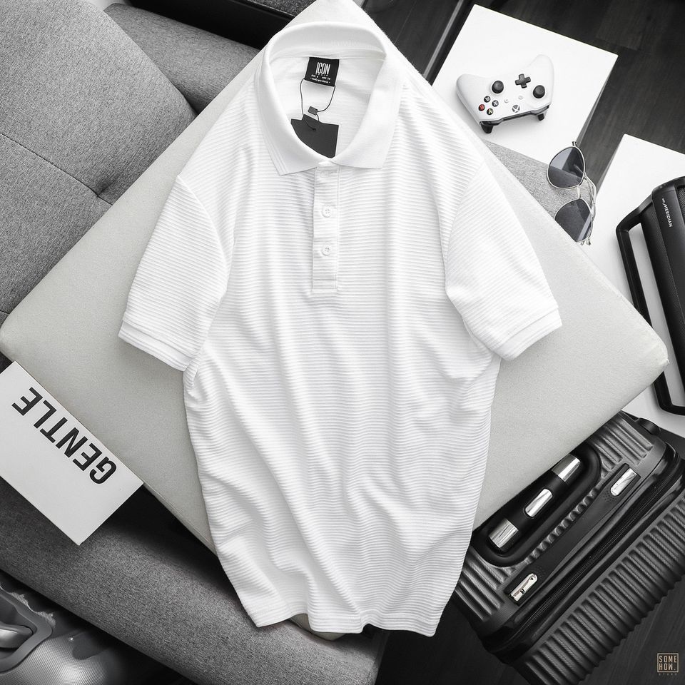 Polo Gân Trơn Icon Trắng Đen
