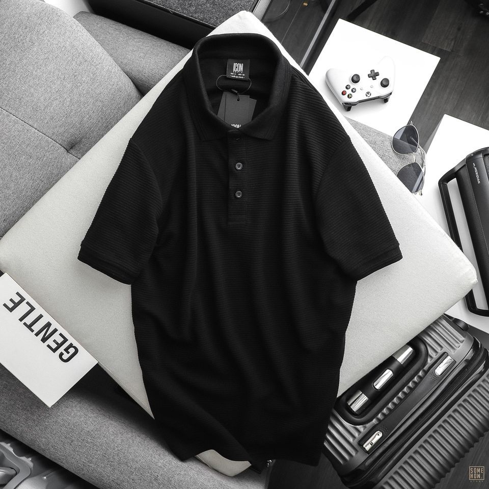 Polo Gân Trơn Icon Trắng Đen