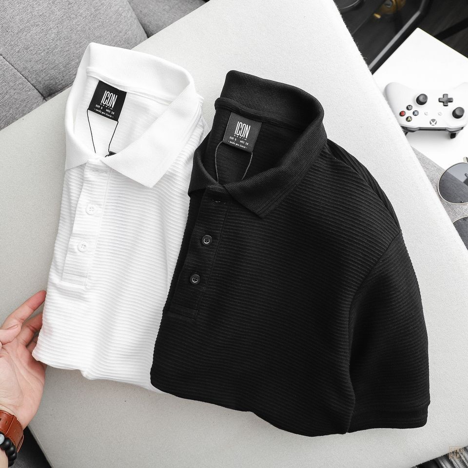 Polo Gân Trơn Icon Trắng Đen