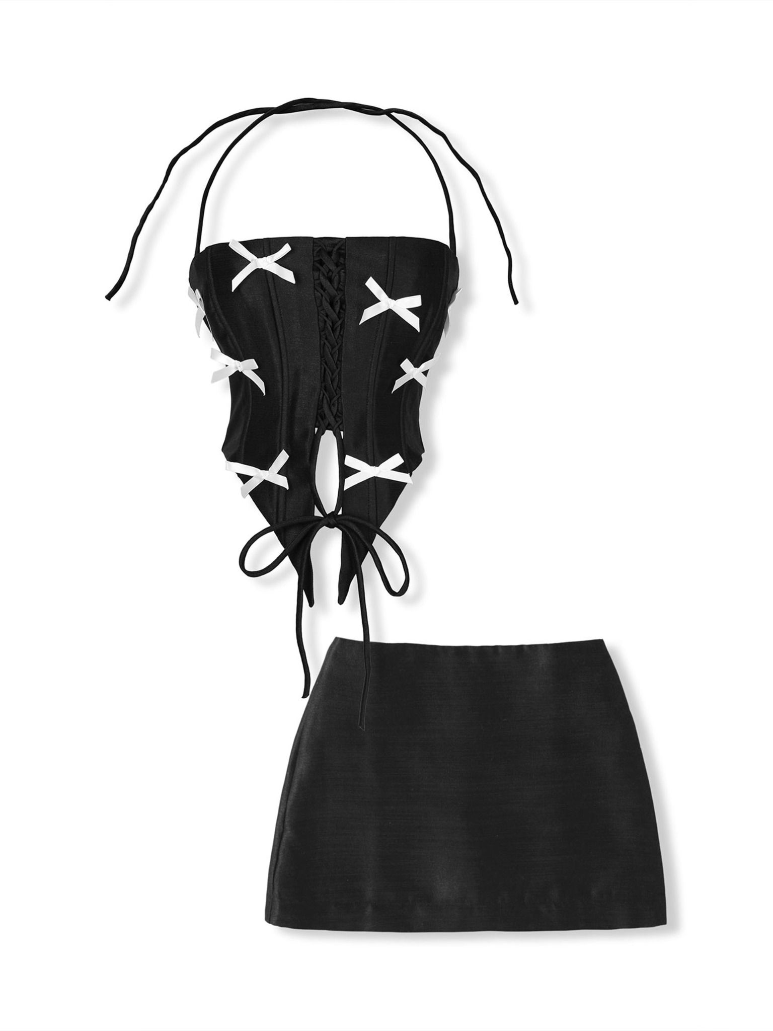 Set Áo Crop Bowtie String Short Skirt