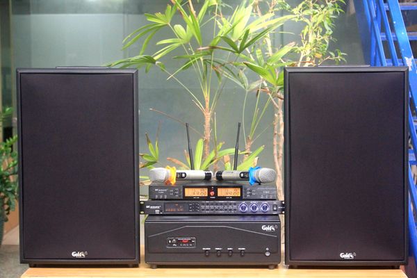 Dàn âm thanh quán cafe Acoustic V258PU: Đẩy 1200w Goldsound + 2 loa Goldsound V258PU - 258w + 1 Micro không dây  + 1 vang cơ, bảo hành dài hạn 5 năm.