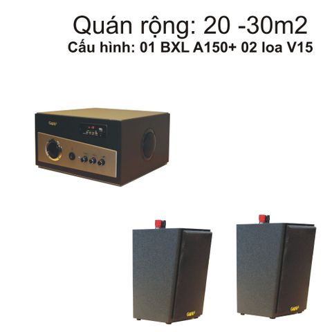 Loa cafe, Loa nhà hàng: Gold4cafe (từ 20-30m2): 02 Loa vệ tinh V15 - 15w + 1 Âm ly A150 150w