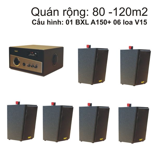 Loa nhà hàng: Gold4cafe (từ 80-120m2): 06 Loa vệ tinh V15C - 15w + 1 Âm ly A150 150w