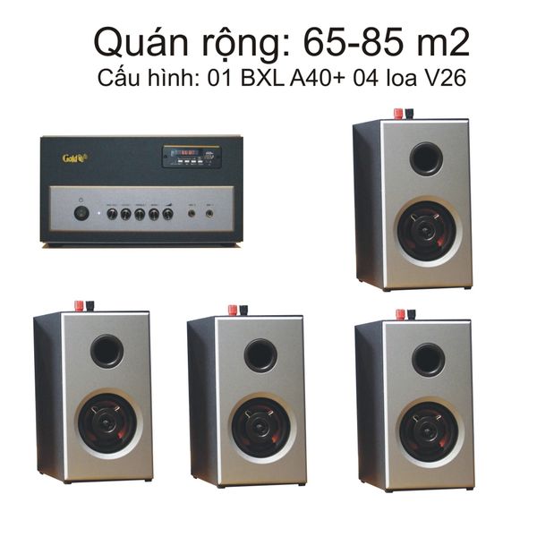 Loa cafe, Loa nhà hàng: Gold4Cafe (Từ 65 - 85m2) Loa Quán Cafe, Trà Sữa, Spa Diện Tích ( 01 amly A400 + 04 loa vt v26)