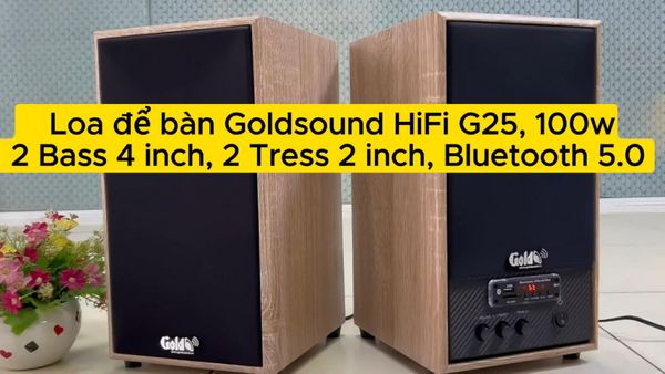 Loa Goldsound G25, công suất 100w, 2 Bass 4 inch, 2 Tress 3 inch, Bluetooth 5.0, cổng rca, khe usb, thiết kế 2 loa thùng gỗ cao 38 cm, rộng 21 cm, sâu 21 cm. Bảo hành 12 tháng