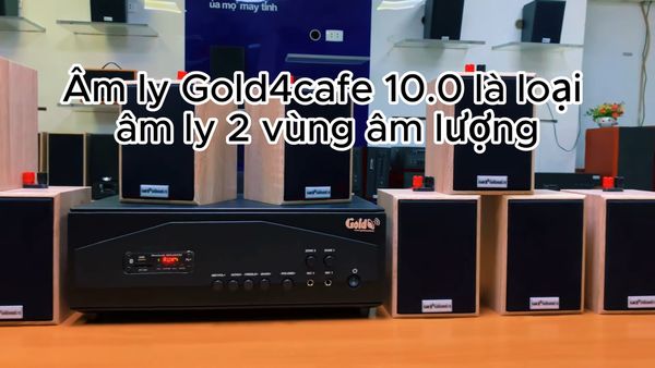 Gold4cafe 10.0 màu vân gỗ(amply + 10 loa), Amply 1200w - 2 vùng âm lượng, loa được thiết kế riêng cho quán, bật lớn không tạp âm, bảo hành dài hạn 5 năm.