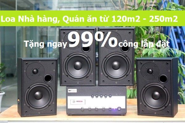 Loa nhà hàng quán ăn diện tích 120m2 trở lên, Amply 4 - 6 vùng âm lượng, điều chỉnh riêng từng loa, loa vệ tinh thùng gỗ, miễn phí lắp đặt, bảo hành 60 tháng.