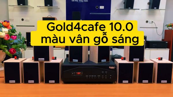 Gold4cafe 10.0 màu vân gỗ(amply + 10 loa), Amply 1200w - 2 vùng âm lượng, loa được thiết kế riêng cho quán, bật lớn không tạp âm, bảo hành dài hạn 5 năm.