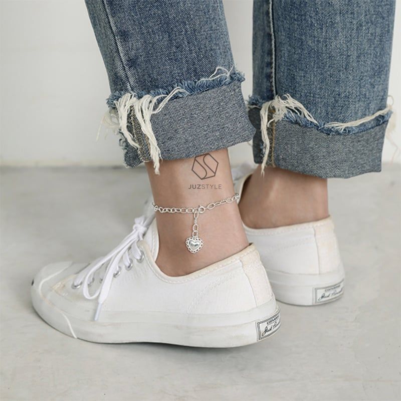 Lắc chân bạc Oval chain with heart tag