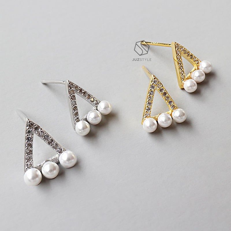 Bông tai bạc Triangle & pearls