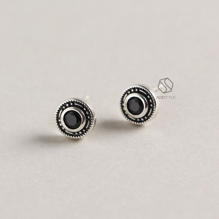 Bông tai bạc The black vintage stone