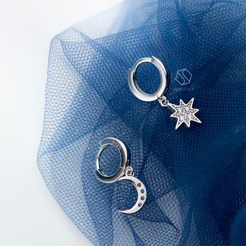 Bông tai bạc Cz star & crescent hoop