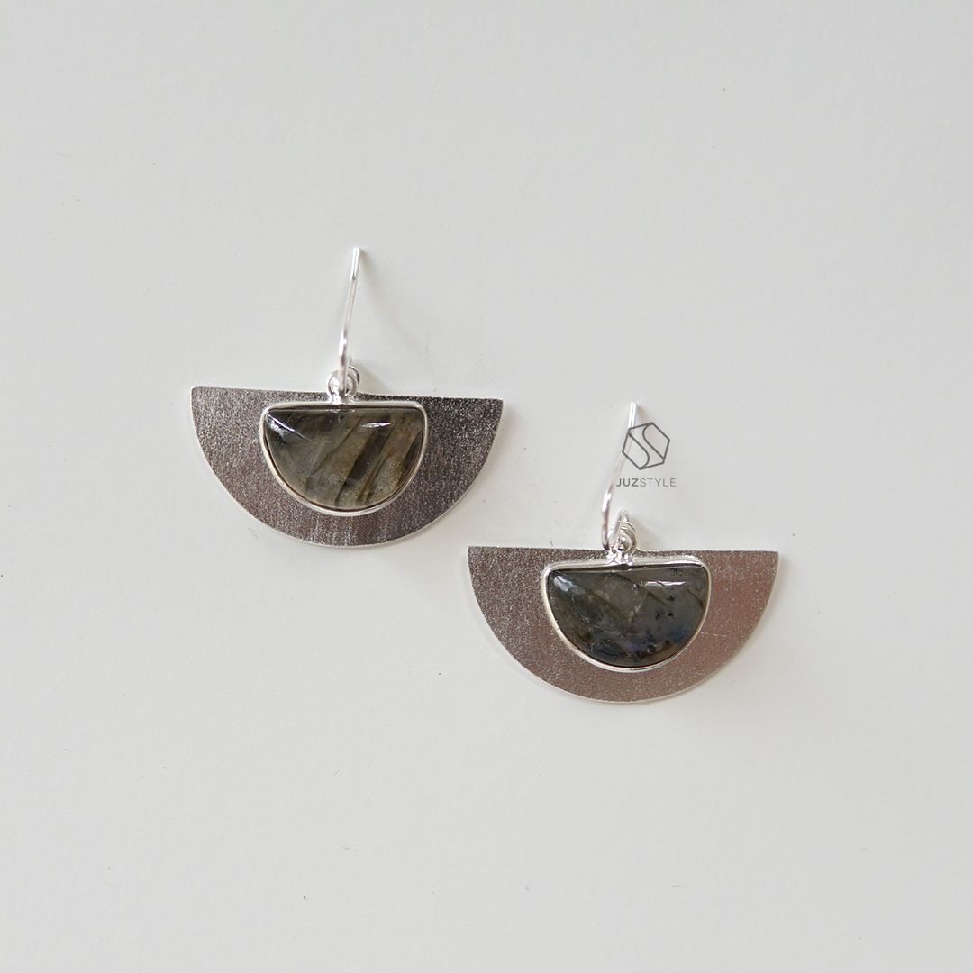 Bông tai bạc mix đá labradorite bán tròn