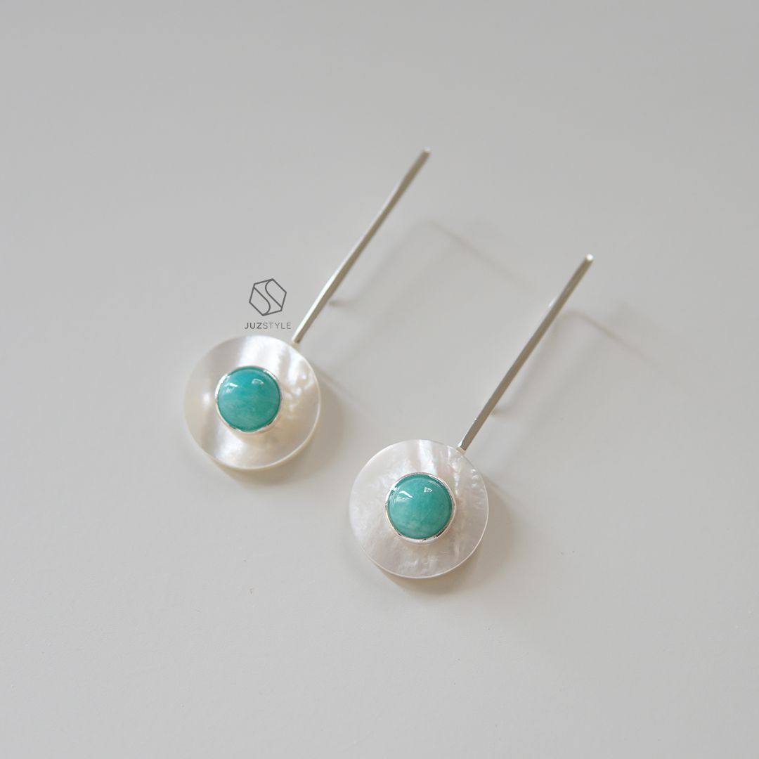 Bông tai bạc mix vỏ sỏ và đá Amazonite