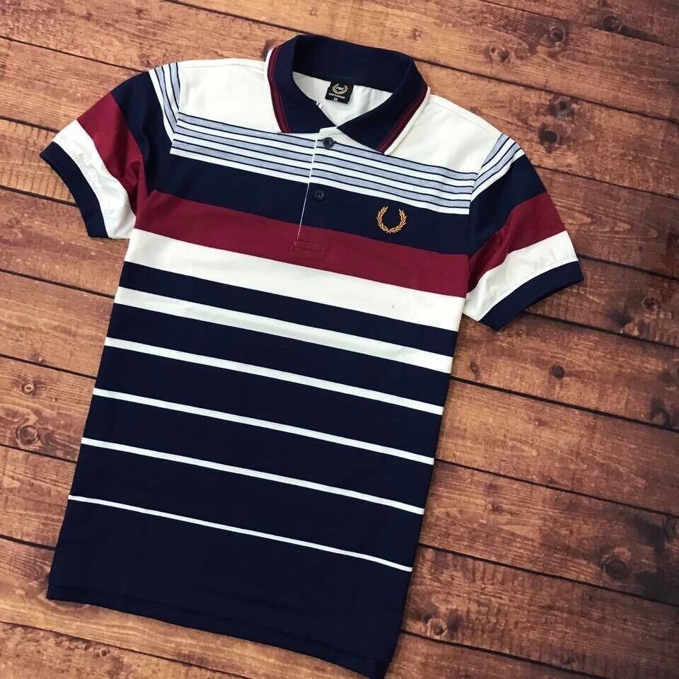 POL005XANHDUONG - POLO THÊU LOGO BÔNG LÚA SỌC VIỀN XANH DƯƠNG