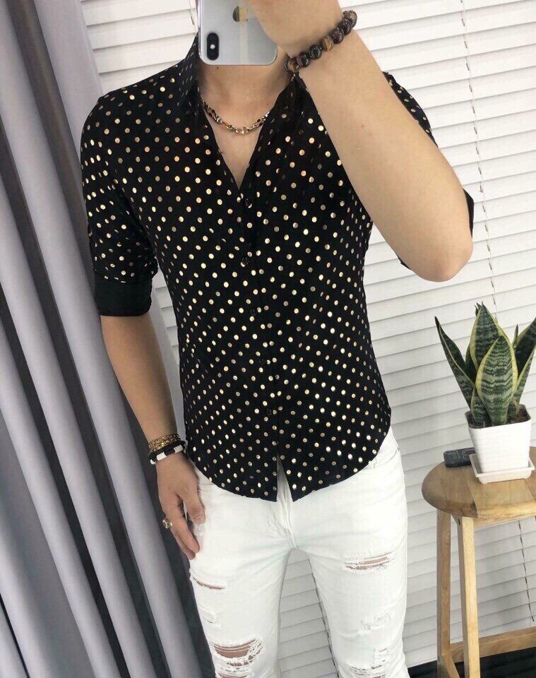 SMTD022TRANG - SƠ MI LỤA HỌA TIẾT CHẤM BI