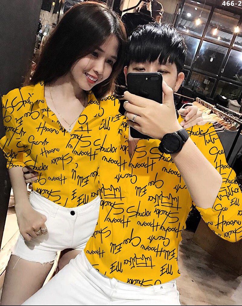 SMTD024TR - ÁO ĐÔI SƠ MI KATE LỤA MỸ HỌA TIẾT CHỮ