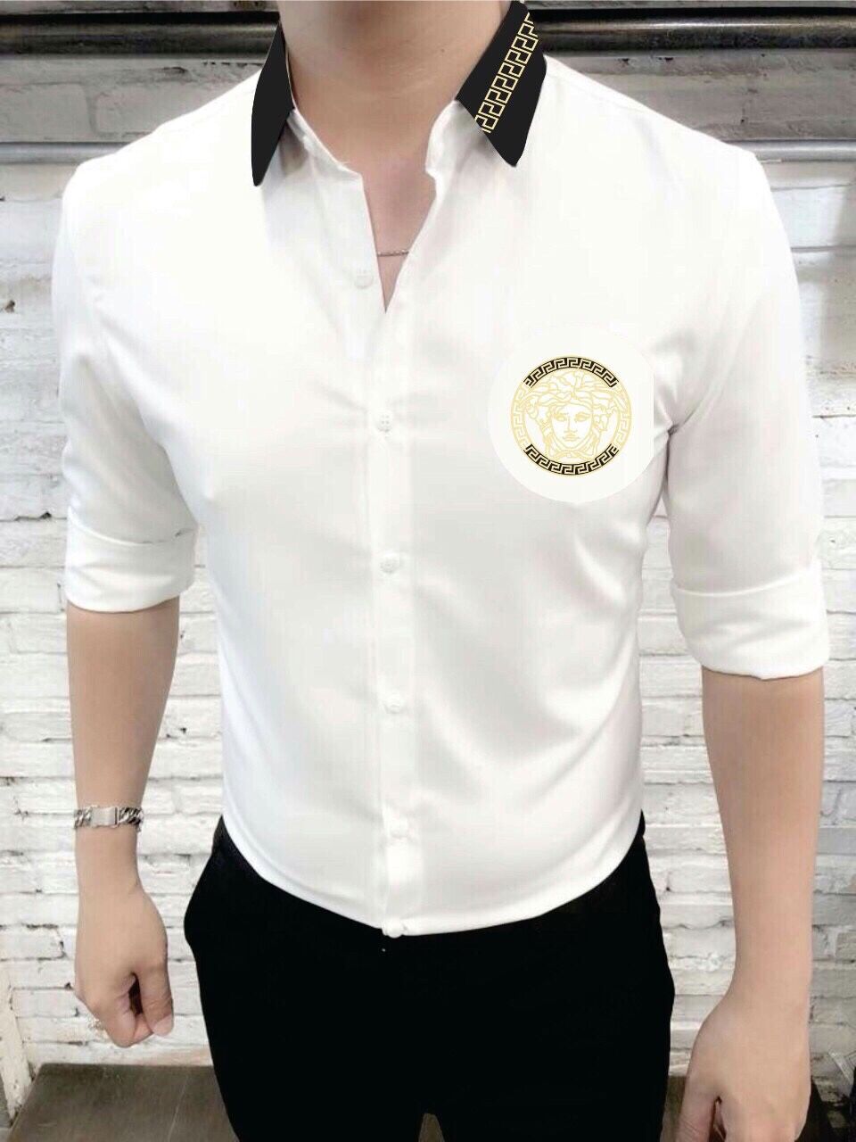 SMTD025trang - SƠ MI KATE LỤA MỸ LOGO VERSACE VIỀN CỔ