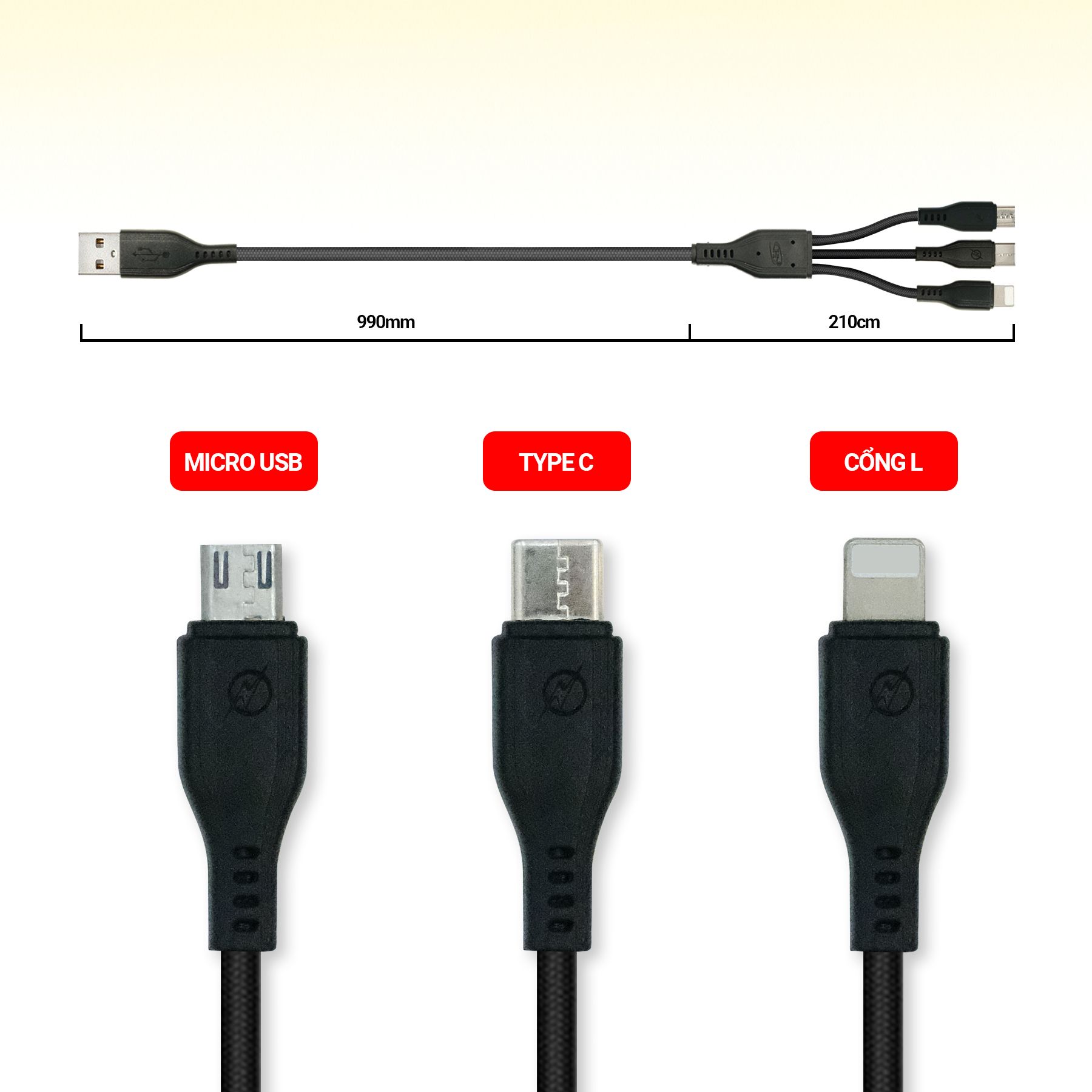  Dây cáp sạc USB Honjianda đa năng 3 trong 1 (Type C/Micro USB/Lightning) 
