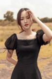 Đầm thiết kế đen cổ vuông tay phồng cao cấp