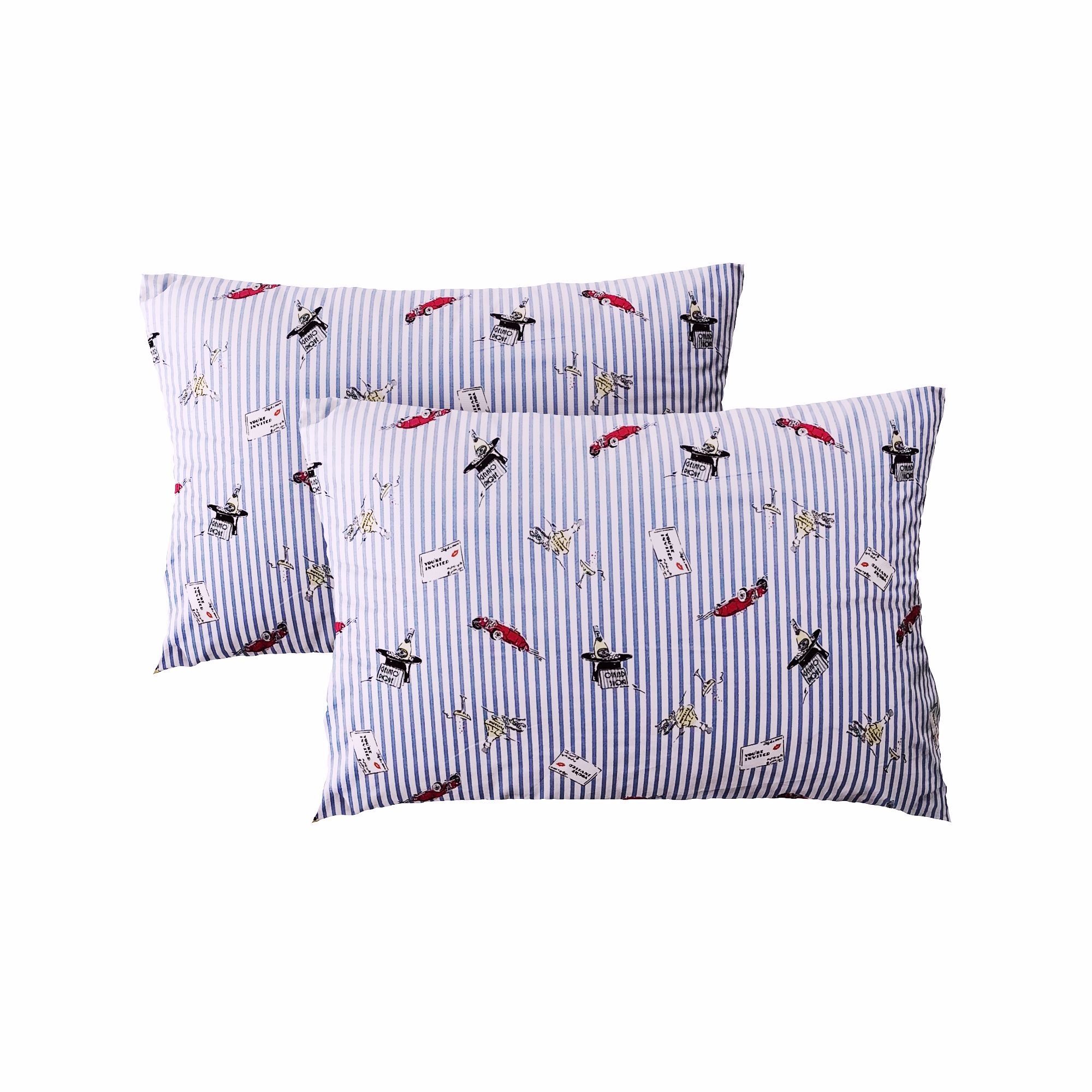 Pillow case 037 Red cars on light blue stripe