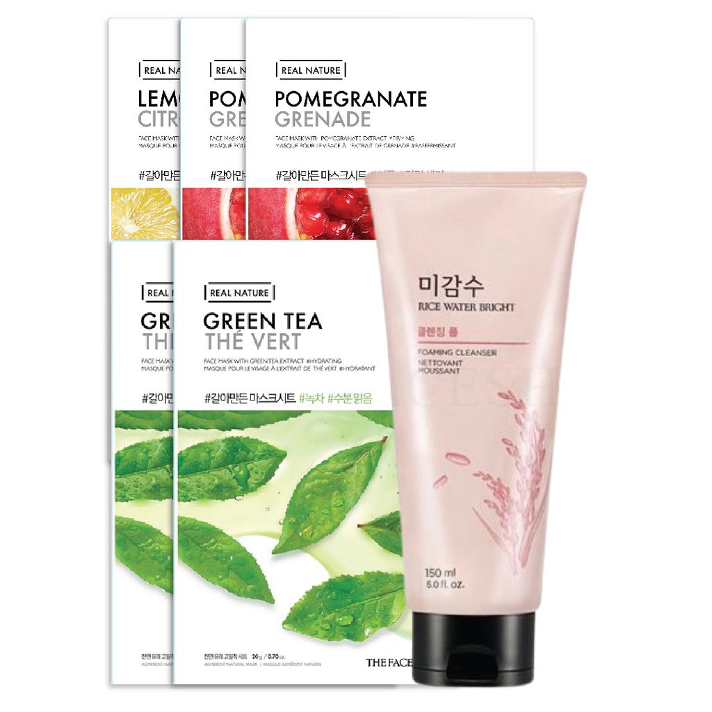  (Gift) 1 (GWP) Sữa Rửa Mặt Làm Sáng Da THEFACESHOP RICE & Mặt Nạ THEFACESHOP REAL NATURE 1 chanh, 2 lựu, 2 trà xanh 