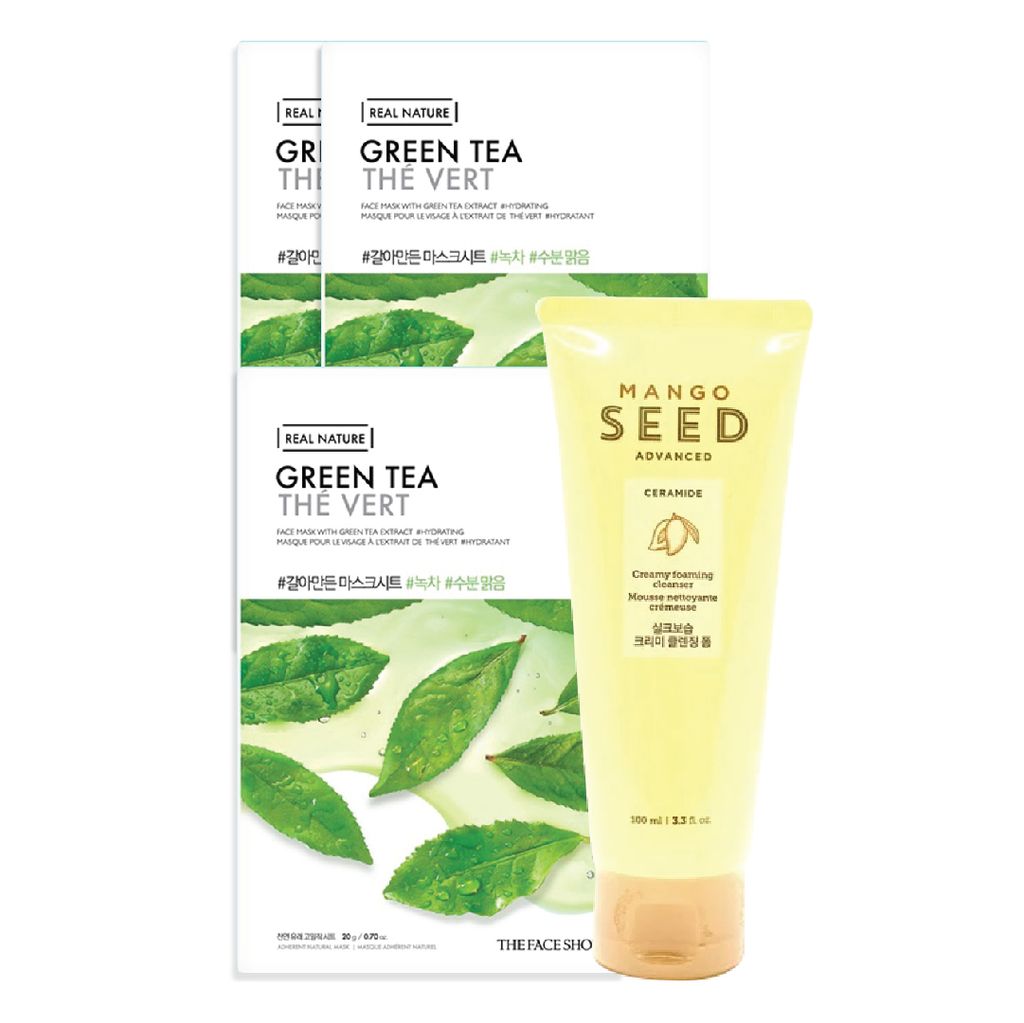  (Gift) 1 Sữa Rửa Mặt Dưỡng Ẩm Không Khô Da MANGO SEED CREAMY FOAMING CLEANSER 100ml & 3 Mặt Nạ Thanh Lọc Da Ngừa Mụn Từ Trà Xanh THEFACESHOP REAL NATURE GREEN TEA 