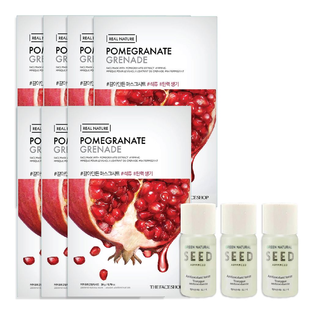  (Gift) 07 (SAMPLE) Mặt Nạ Phục Hồi Độ Ẩm Và Chống Oxy Hóa THEFACESHOP REAL NATURE POMEGRANATE & 03 (GWP) Nước Cân Bằng chống lão hóa GREEN NATURAL SEED ANTI OXID TONER 5ml 