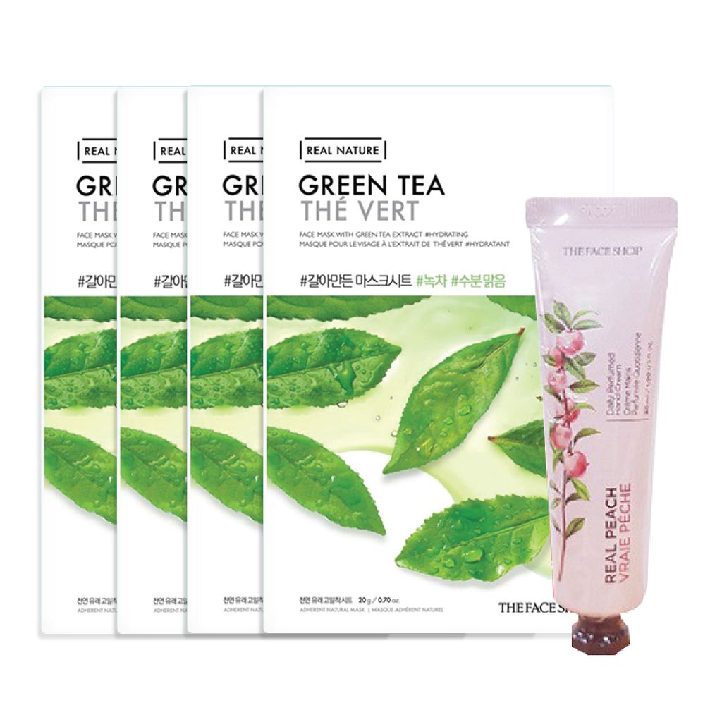  (Gift) 1 Kem Dưỡng Tay Cung Cấp Ẩm DAILY PERFUMED HAND CREAM 07 REAL PEACH & 4 Mặt Nạ Thanh Lọc Da Ngừa Mụn Từ Trà Xanh THEFACESHOP REAL NATURE  GREEN TEA 