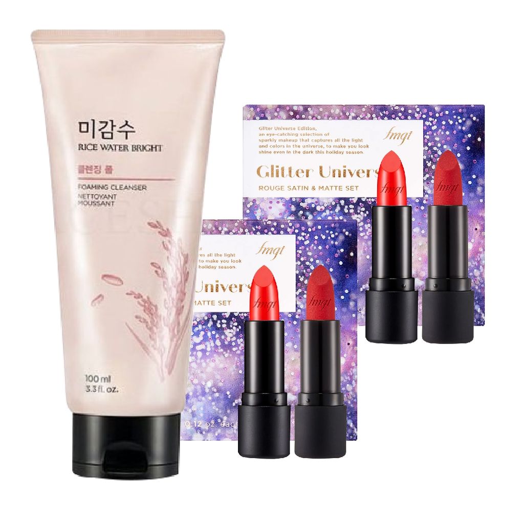  Combo Bộ Son Thỏi THEFACESHOP ROUGE SATIN & MATTE SET #01 RED UNIVERSE (3.6gx2) (2 bộ son thỏi, 1 sữa rửa mặt gạo 100ml)[Không đổi trả, HSD đến tháng 03/2023] 