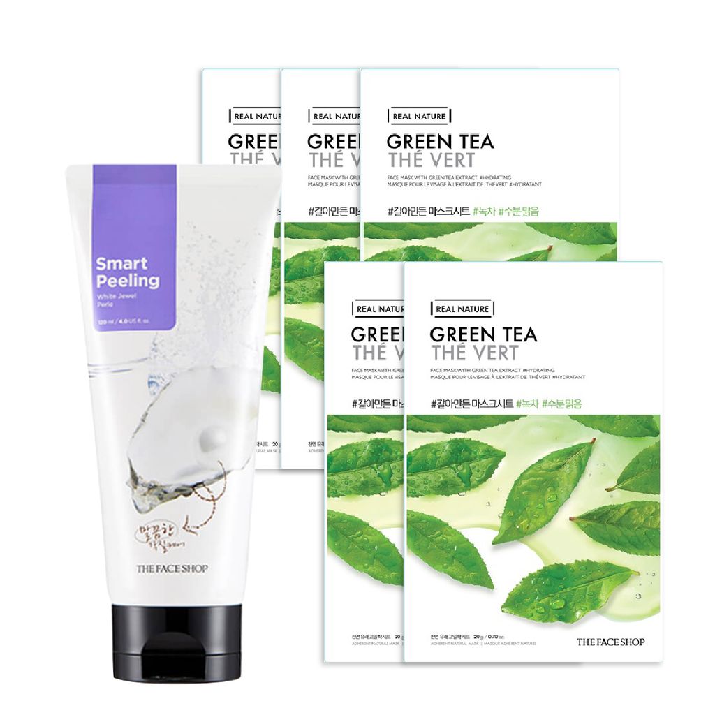  (Gift) 1 Mặt Nạ Kỳ Trắng Sáng Da SMART PEELING WHITE JEWEL + 5 (SAMPLE) Mặt Nạ Thanh Lọc Da Ngừa Mụn Từ Trà Xanh REAL NATURE GREEN TEA 