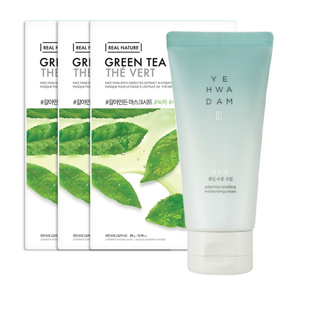  (Gift) 1 Kem Dưỡng Ẩm YEHWADAM ARTEMISIA SOOTHING MOISTURIZING CREAM 50ml & 3 Mặt Nạ REAL NATURE Trà Xanh 