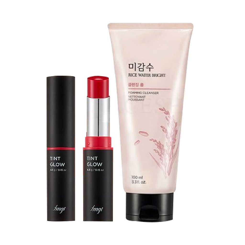  (Gift) 1 Son Môi Dưỡng Ẩm Tự Nhiên THEFACESHOP TINT GLOW 05 RED PETAL 4.3g & 1 Sữa Rửa Mặt Làm Sáng Da THEFACESHOP RICE WATER BRIGHT CLEANSING FOAM 100ML 