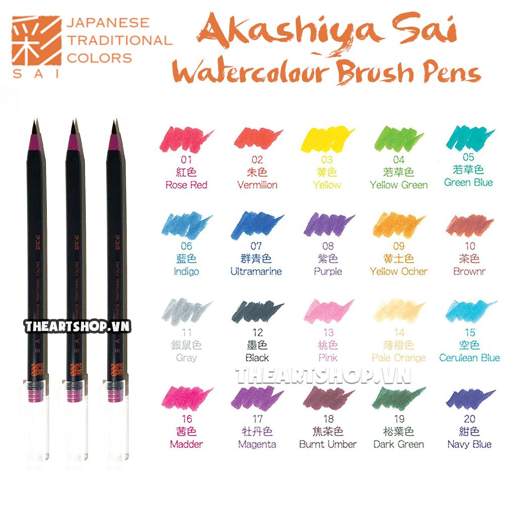 Bút cọ màu nước AKASHIYA SAI brush pen - 20 Màu (Bán lẻ)