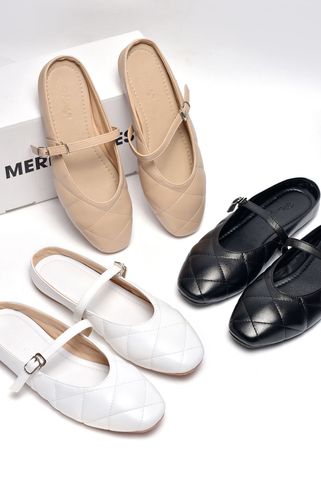 Giày Sục Nữ Giày Búp Bê Trắng Quai NgangGiày Búp Bê Quai Ngang Mũi Vuông Chần Chỉ, Giày Sục Nữ Mũi Vuông Có Quai