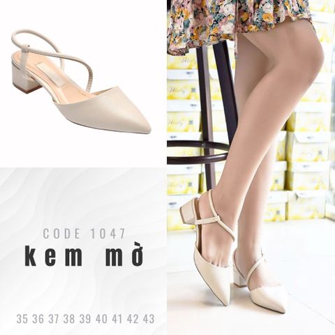 Giày Cao Gót Đế Vuông 3cm Merly 1047 Kem Mờ, Cao Gót Nude Mũi Nhọn, Xăng Đan Quai Hậu Bít Mũi Đế Thấp, Giày Công Sở Nữ, Giày Cao Gót Bigsize, Giày Nữ Size 43, Giày Slingback, Sandal Bít Mũi