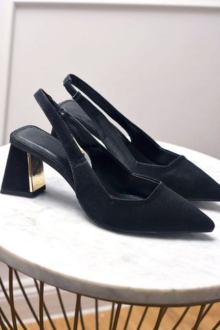 Giày Cao Gót Đế Vuông 7cm Slingback Bít Mũi Có Quai Hậu Hở Gót 35-43, Giày Cao Gót Đen Mũi Nhọn, Giày Công Sở Nữ, Giày Cao Gót Big Size, Thương Hiệu Merly 1490 Đen Vân