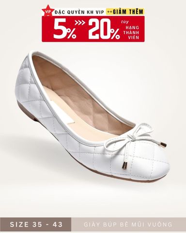 Giày Búp Bê Trắng Mũi Vuông Nơ Nhí Chần Chỉ Cao Cấp, Giày Đế Bệt Nữ, Giày Da Công Sở, Giày Nữ Big Size