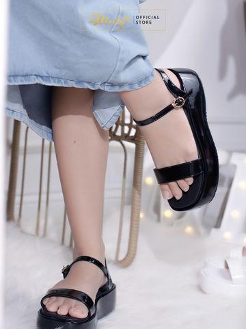 Sandal Nữ Quai Ngang 5cm Merly 1525 Đen, Xăng Đan Đế Xuồng, Sandals Nữ, Dép Bánh Mì Nữ Chính Hãng, Giày Platform, Dép Xăng Đan Nữ Cao Cấp