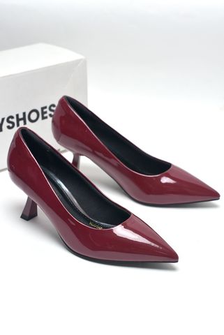 Giày Cao Gót Đỏ Rượu Vang Mũi Nhọn Đế Nhọn 5cm, Giày Cao Gót Big Size Merly