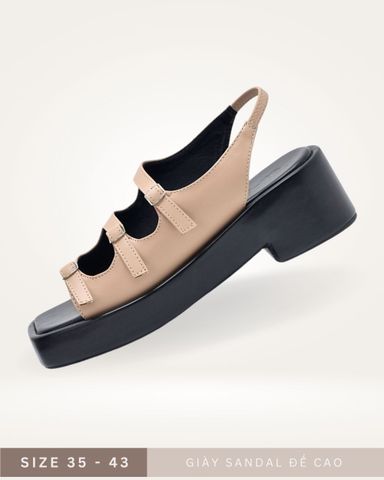 Giày Sandal Nữ Đế Cao 5cm Merly 1552 Kem x Đen, Giày Big Size 35 - 43, Xăng Đan 3 Quai Ngang, Dép Xăng Đan Dây Che Khuyết Điểm Chân Chống Nắng, Giày Bánh Mì Nữ, Hậu Thun Tiện Dụng Thích Hợp Đi Du Lịch