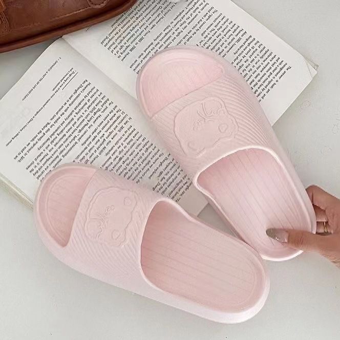 Dép Nhựa Quảng Châu 1561N Big Size 36 - 41, Dép Nữ Quai Ngang Họa Tiết Gấu Hồng/Kem, Dép Trong Nhà, Dép Đi Chơi